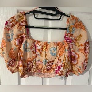 Anthropologie - Seafolly Floral Puff Sleeve Crop Top - Pink and Orange